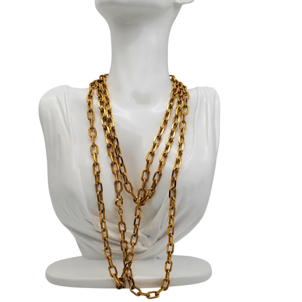 Gold Tone Chain Necklace Textured Link Opera Length 60" Statement Layered 1970s